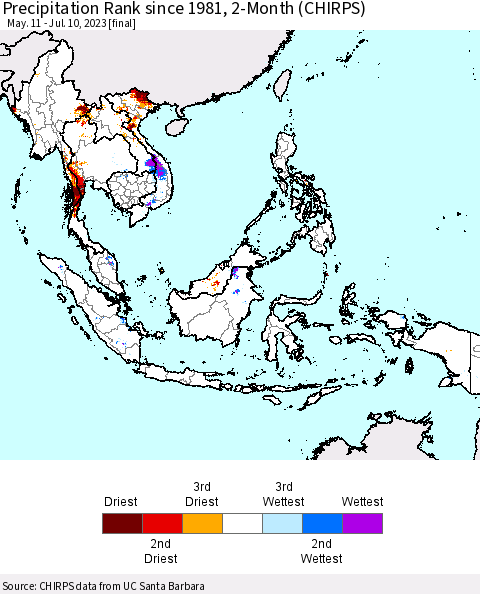 South East Asia Precipitation Rank since 1981, 2-Month (CHIRPS) Thematic Map For 5/11/2023 - 7/10/2023