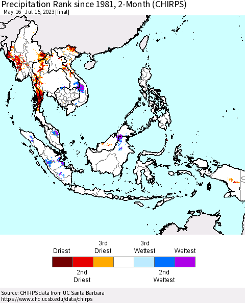 South East Asia Precipitation Rank since 1981, 2-Month (CHIRPS) Thematic Map For 5/16/2023 - 7/15/2023