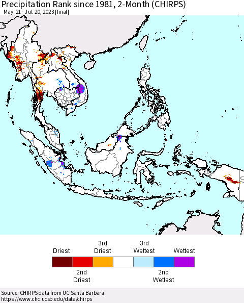 South East Asia Precipitation Rank since 1981, 2-Month (CHIRPS) Thematic Map For 5/21/2023 - 7/20/2023