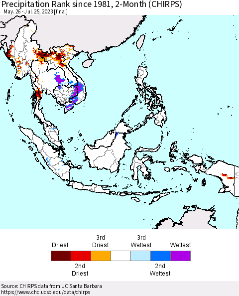 South East Asia Precipitation Rank since 1981, 2-Month (CHIRPS) Thematic Map For 5/26/2023 - 7/25/2023
