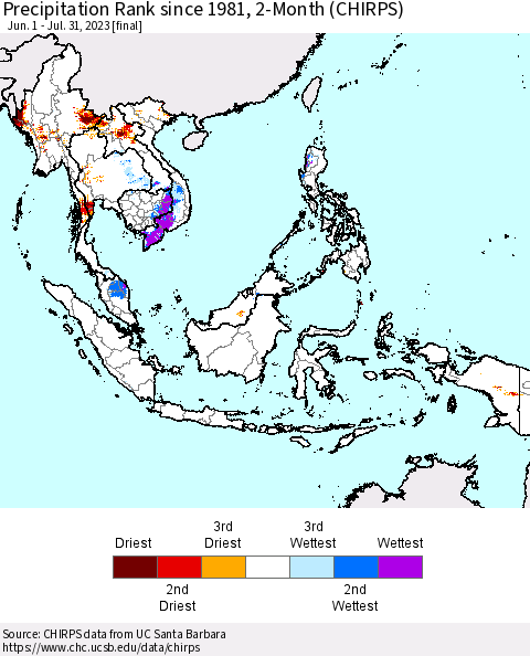 South East Asia Precipitation Rank since 1981, 2-Month (CHIRPS) Thematic Map For 6/1/2023 - 7/31/2023