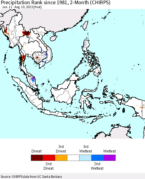 South East Asia Precipitation Rank since 1981, 2-Month (CHIRPS) Thematic Map For 6/11/2023 - 8/10/2023