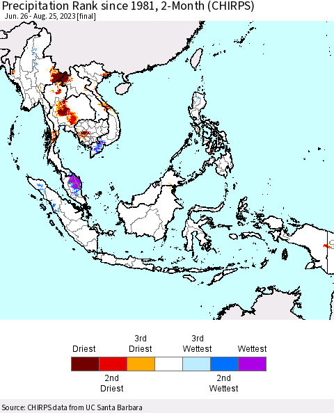 South East Asia Precipitation Rank since 1981, 2-Month (CHIRPS) Thematic Map For 6/26/2023 - 8/25/2023