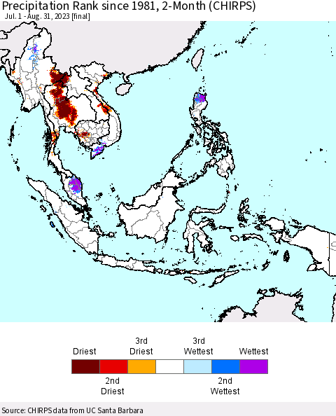 South East Asia Precipitation Rank since 1981, 2-Month (CHIRPS) Thematic Map For 7/1/2023 - 8/31/2023