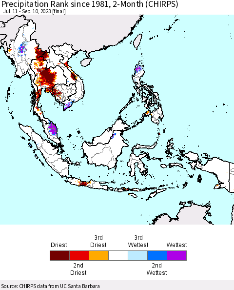 South East Asia Precipitation Rank since 1981, 2-Month (CHIRPS) Thematic Map For 7/11/2023 - 9/10/2023