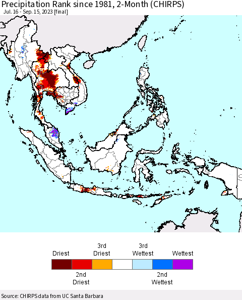 South East Asia Precipitation Rank since 1981, 2-Month (CHIRPS) Thematic Map For 7/16/2023 - 9/15/2023