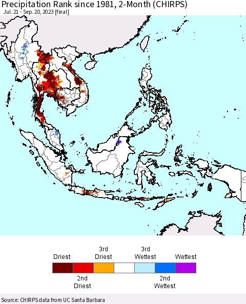 South East Asia Precipitation Rank since 1981, 2-Month (CHIRPS) Thematic Map For 7/21/2023 - 9/20/2023