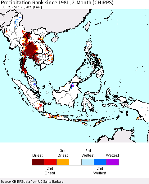 South East Asia Precipitation Rank since 1981, 2-Month (CHIRPS) Thematic Map For 7/26/2023 - 9/25/2023