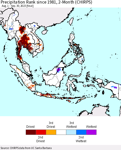 South East Asia Precipitation Rank since 1981, 2-Month (CHIRPS) Thematic Map For 8/1/2023 - 9/30/2023
