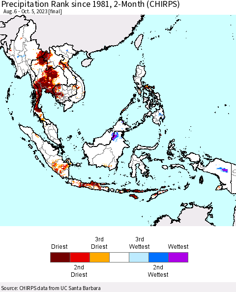 South East Asia Precipitation Rank since 1981, 2-Month (CHIRPS) Thematic Map For 8/6/2023 - 10/5/2023