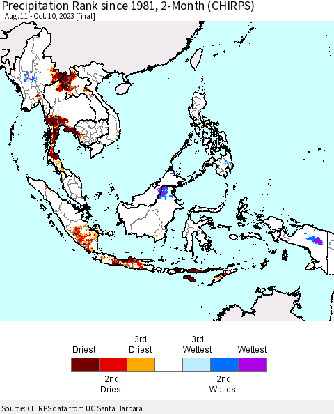 South East Asia Precipitation Rank since 1981, 2-Month (CHIRPS) Thematic Map For 8/11/2023 - 10/10/2023