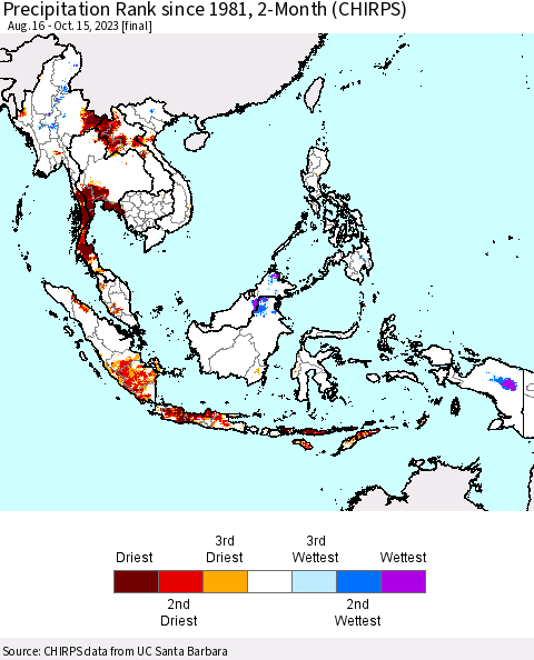 South East Asia Precipitation Rank since 1981, 2-Month (CHIRPS) Thematic Map For 8/16/2023 - 10/15/2023