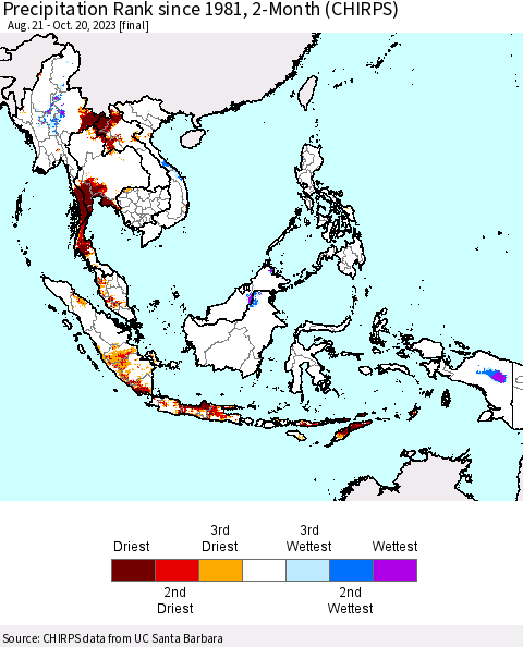 South East Asia Precipitation Rank since 1981, 2-Month (CHIRPS) Thematic Map For 8/21/2023 - 10/20/2023