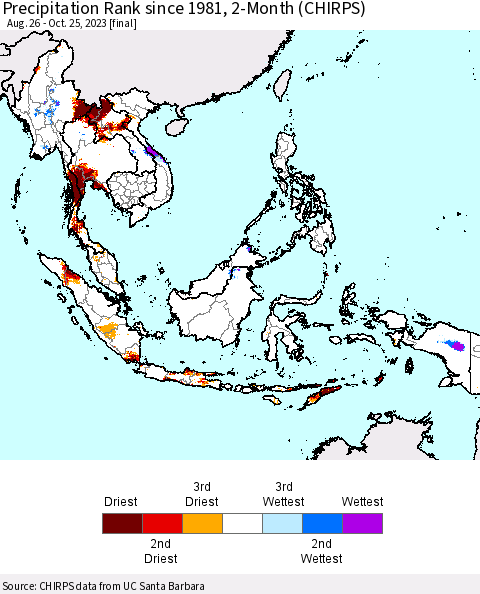 South East Asia Precipitation Rank since 1981, 2-Month (CHIRPS) Thematic Map For 8/26/2023 - 10/25/2023