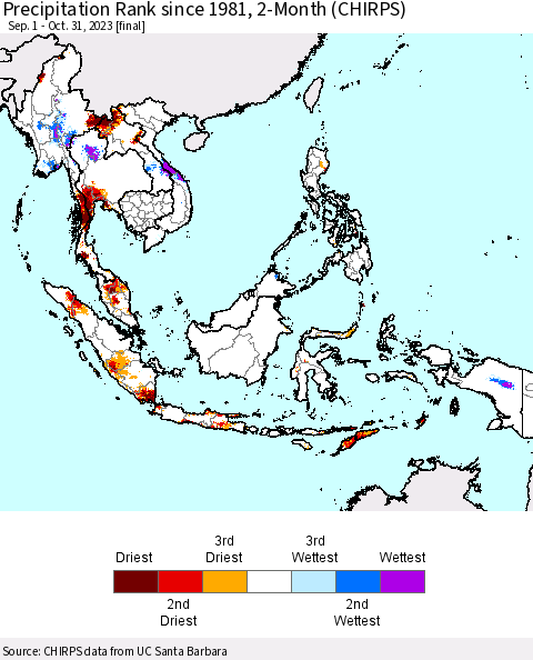 South East Asia Precipitation Rank since 1981, 2-Month (CHIRPS) Thematic Map For 9/1/2023 - 10/31/2023