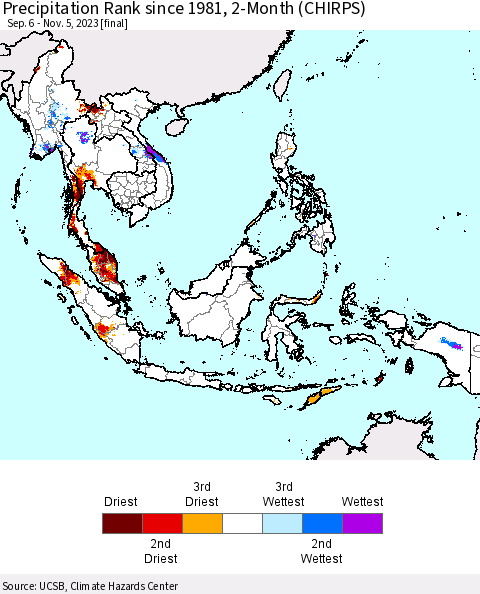 South East Asia Precipitation Rank since 1981, 2-Month (CHIRPS) Thematic Map For 9/6/2023 - 11/5/2023