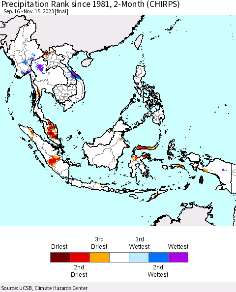 South East Asia Precipitation Rank since 1981, 2-Month (CHIRPS) Thematic Map For 9/16/2023 - 11/15/2023