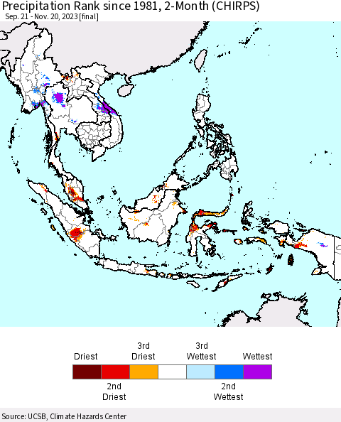 South East Asia Precipitation Rank since 1981, 2-Month (CHIRPS) Thematic Map For 9/21/2023 - 11/20/2023