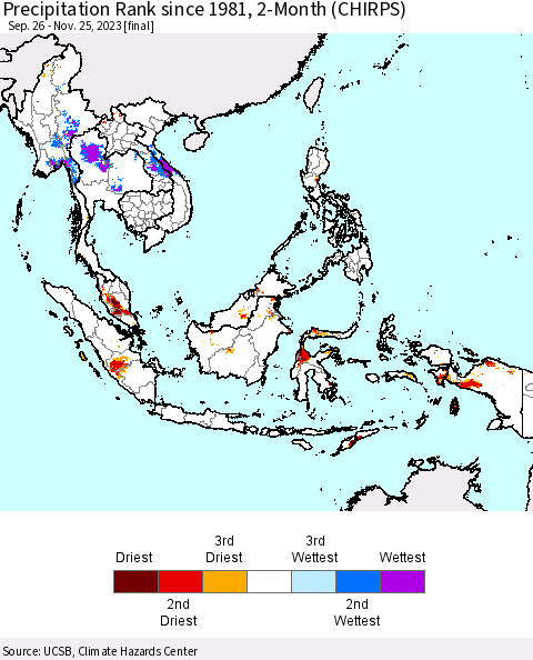 South East Asia Precipitation Rank since 1981, 2-Month (CHIRPS) Thematic Map For 9/26/2023 - 11/25/2023