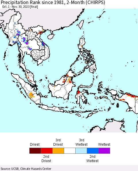 South East Asia Precipitation Rank since 1981, 2-Month (CHIRPS) Thematic Map For 10/1/2023 - 11/30/2023