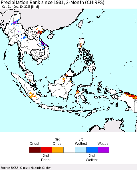 South East Asia Precipitation Rank since 1981, 2-Month (CHIRPS) Thematic Map For 10/11/2023 - 12/10/2023