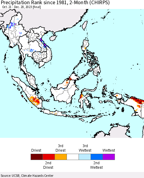 South East Asia Precipitation Rank since 1981, 2-Month (CHIRPS) Thematic Map For 10/21/2023 - 12/20/2023