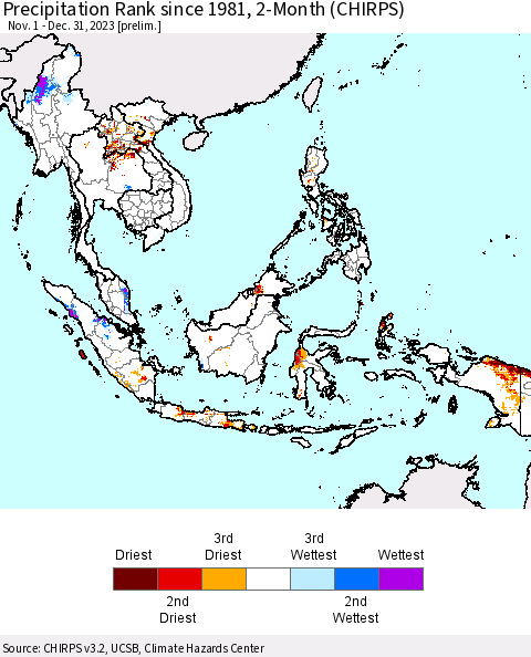 South East Asia Precipitation Rank since 1981, 2-Month (CHIRPS) Thematic Map For 11/1/2023 - 12/31/2023