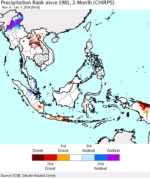 South East Asia Precipitation Rank since 1981, 2-Month (CHIRPS) Thematic Map For 11/6/2023 - 1/5/2024