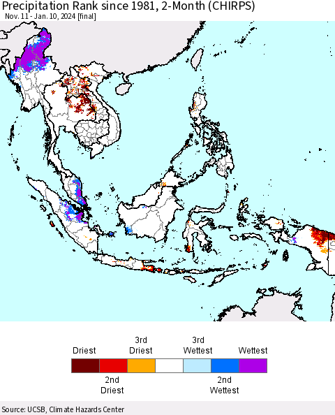 South East Asia Precipitation Rank since 1981, 2-Month (CHIRPS) Thematic Map For 11/11/2023 - 1/10/2024