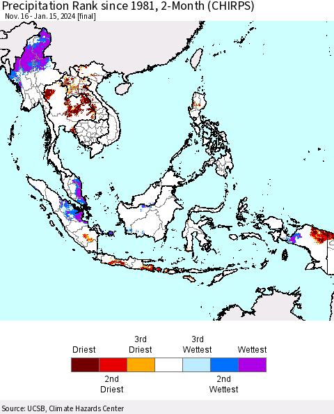 South East Asia Precipitation Rank since 1981, 2-Month (CHIRPS) Thematic Map For 11/16/2023 - 1/15/2024