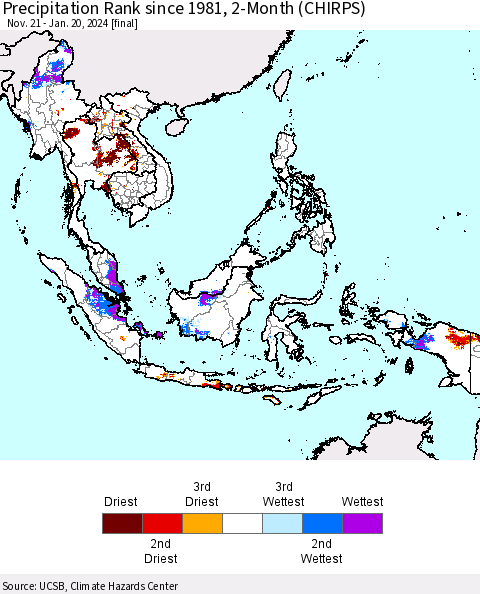 South East Asia Precipitation Rank since 1981, 2-Month (CHIRPS) Thematic Map For 11/21/2023 - 1/20/2024