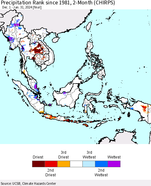 South East Asia Precipitation Rank since 1981, 2-Month (CHIRPS) Thematic Map For 12/1/2023 - 1/31/2024