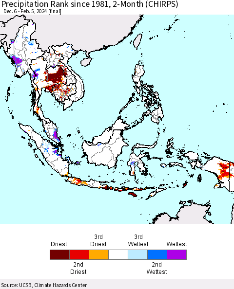 South East Asia Precipitation Rank since 1981, 2-Month (CHIRPS) Thematic Map For 12/6/2023 - 2/5/2024
