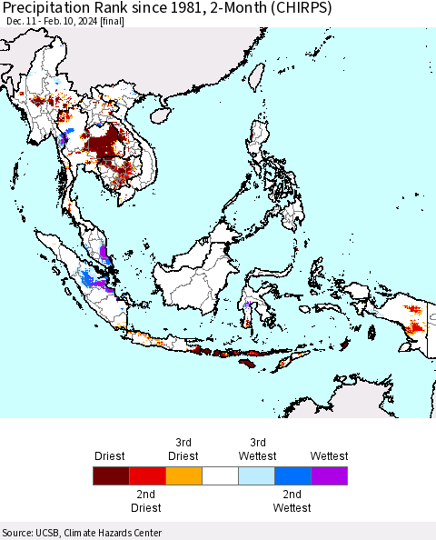 South East Asia Precipitation Rank since 1981, 2-Month (CHIRPS) Thematic Map For 12/11/2023 - 2/10/2024