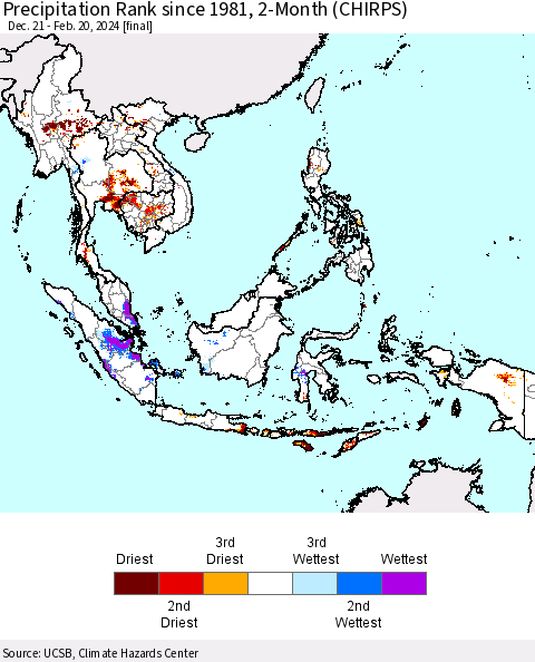 South East Asia Precipitation Rank since 1981, 2-Month (CHIRPS) Thematic Map For 12/21/2023 - 2/20/2024