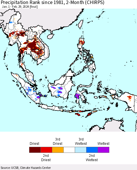 South East Asia Precipitation Rank since 1981, 2-Month (CHIRPS) Thematic Map For 1/1/2024 - 2/29/2024