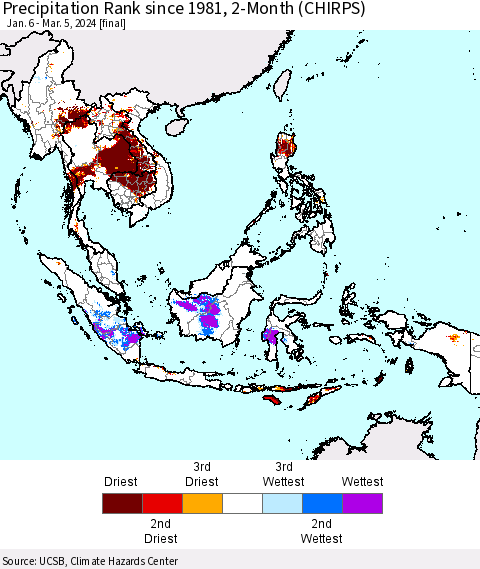 South East Asia Precipitation Rank since 1981, 2-Month (CHIRPS) Thematic Map For 1/6/2024 - 3/5/2024