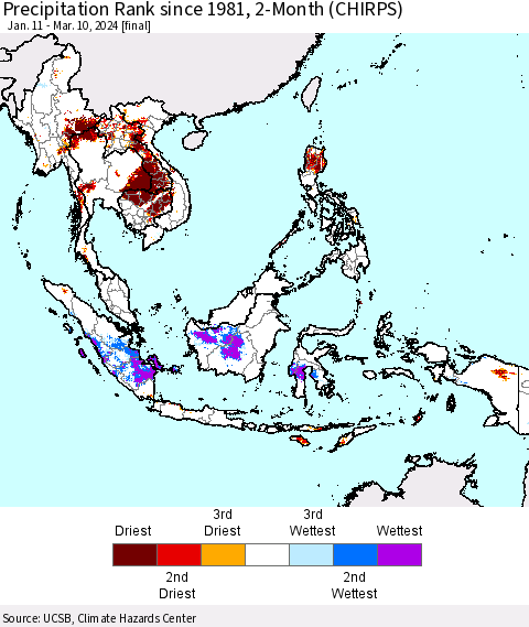 South East Asia Precipitation Rank since 1981, 2-Month (CHIRPS) Thematic Map For 1/11/2024 - 3/10/2024