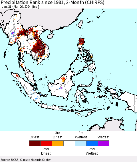 South East Asia Precipitation Rank since 1981, 2-Month (CHIRPS) Thematic Map For 1/21/2024 - 3/20/2024