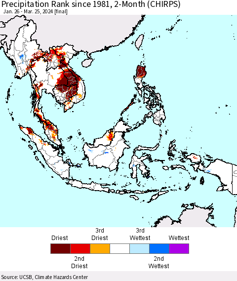 South East Asia Precipitation Rank since 1981, 2-Month (CHIRPS) Thematic Map For 1/26/2024 - 3/25/2024