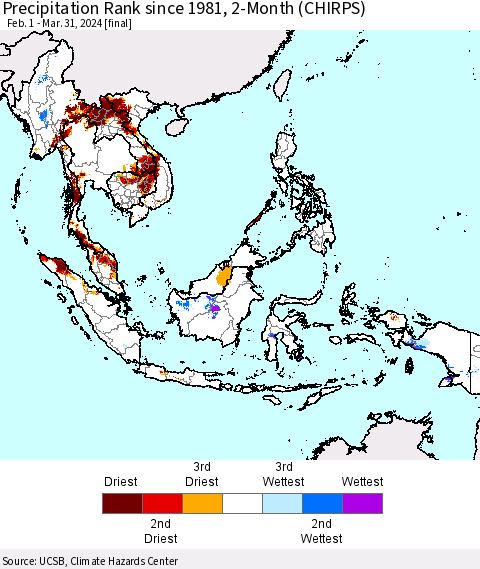 South East Asia Precipitation Rank since 1981, 2-Month (CHIRPS) Thematic Map For 2/1/2024 - 3/31/2024