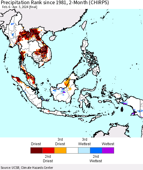 South East Asia Precipitation Rank since 1981, 2-Month (CHIRPS) Thematic Map For 2/6/2024 - 4/5/2024