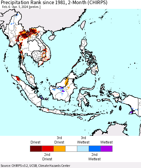 South East Asia Precipitation Rank since 1981, 2-Month (CHIRPS) Thematic Map For 2/6/2024 - 4/5/2024