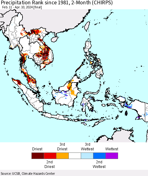 South East Asia Precipitation Rank since 1981, 2-Month (CHIRPS) Thematic Map For 2/11/2024 - 4/10/2024