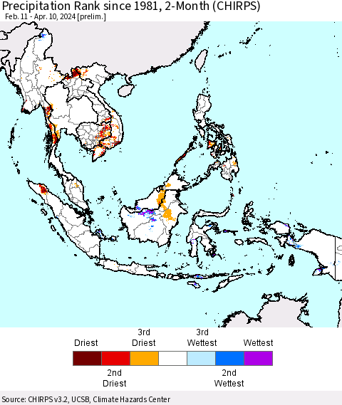 South East Asia Precipitation Rank since 1981, 2-Month (CHIRPS) Thematic Map For 2/11/2024 - 4/10/2024