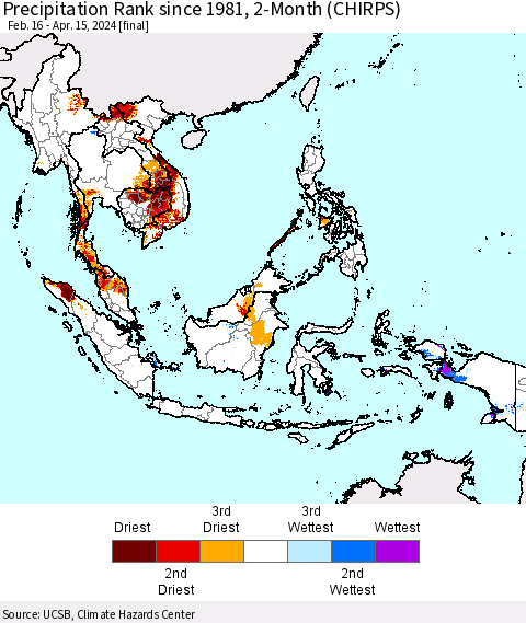 South East Asia Precipitation Rank since 1981, 2-Month (CHIRPS) Thematic Map For 2/16/2024 - 4/15/2024