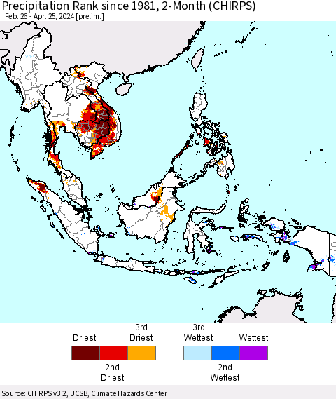 South East Asia Precipitation Rank since 1981, 2-Month (CHIRPS) Thematic Map For 2/26/2024 - 4/25/2024
