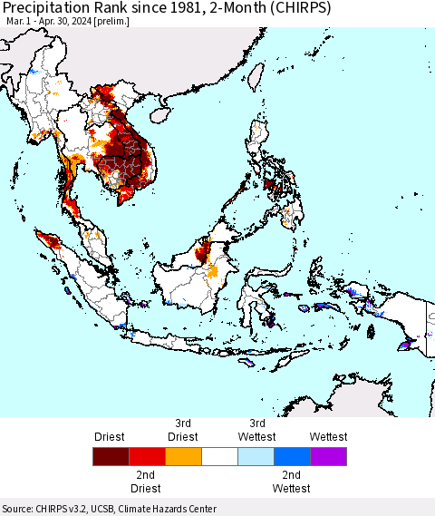 South East Asia Precipitation Rank since 1981, 2-Month (CHIRPS) Thematic Map For 3/1/2024 - 4/30/2024