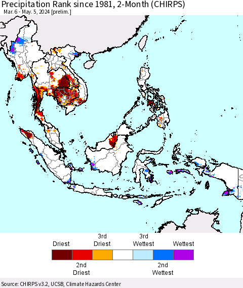 South East Asia Precipitation Rank since 1981, 2-Month (CHIRPS) Thematic Map For 3/6/2024 - 5/5/2024