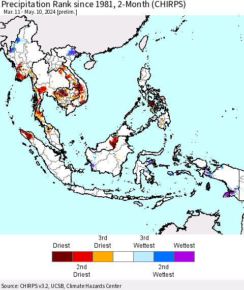 South East Asia Precipitation Rank since 1981, 2-Month (CHIRPS) Thematic Map For 3/11/2024 - 5/10/2024